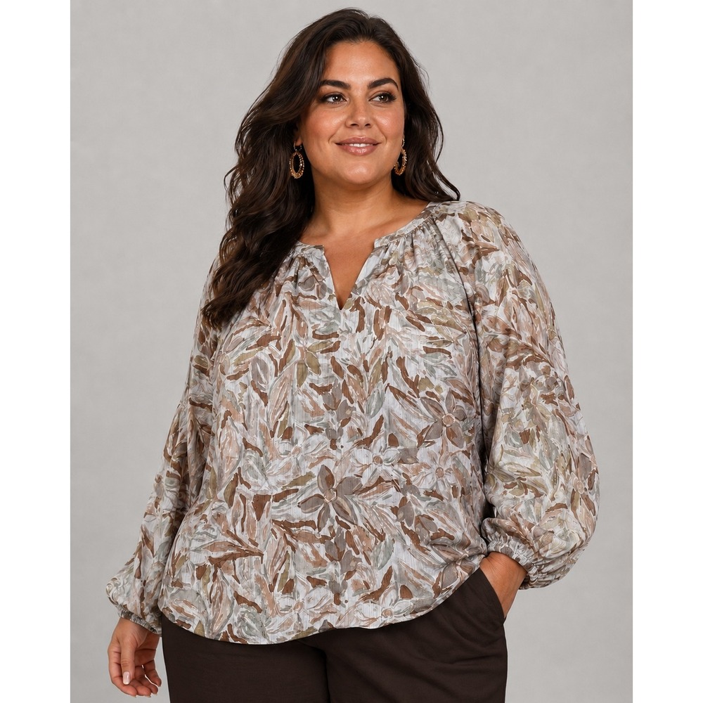 Indigo Soul Floral‎ Metallic Pinstripe Peasant Blouse 2XL Brown Cracker Barrel
